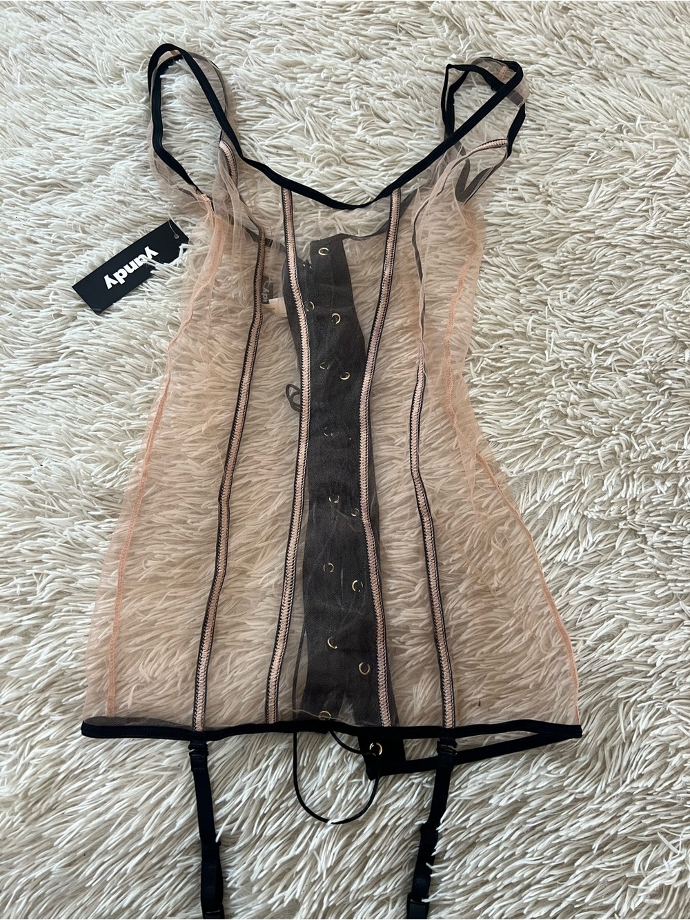 Yandy Peach Mesh Corset-Style Camisole with Black Trim